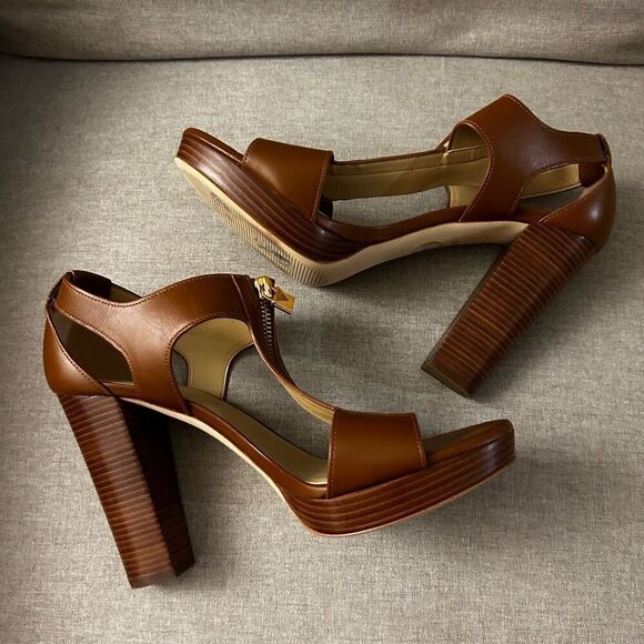 Michael Kors Berkley Mid Sandals Luggage Brown Size 10 M Stacked Heel Zipper - Picture 6 of 8